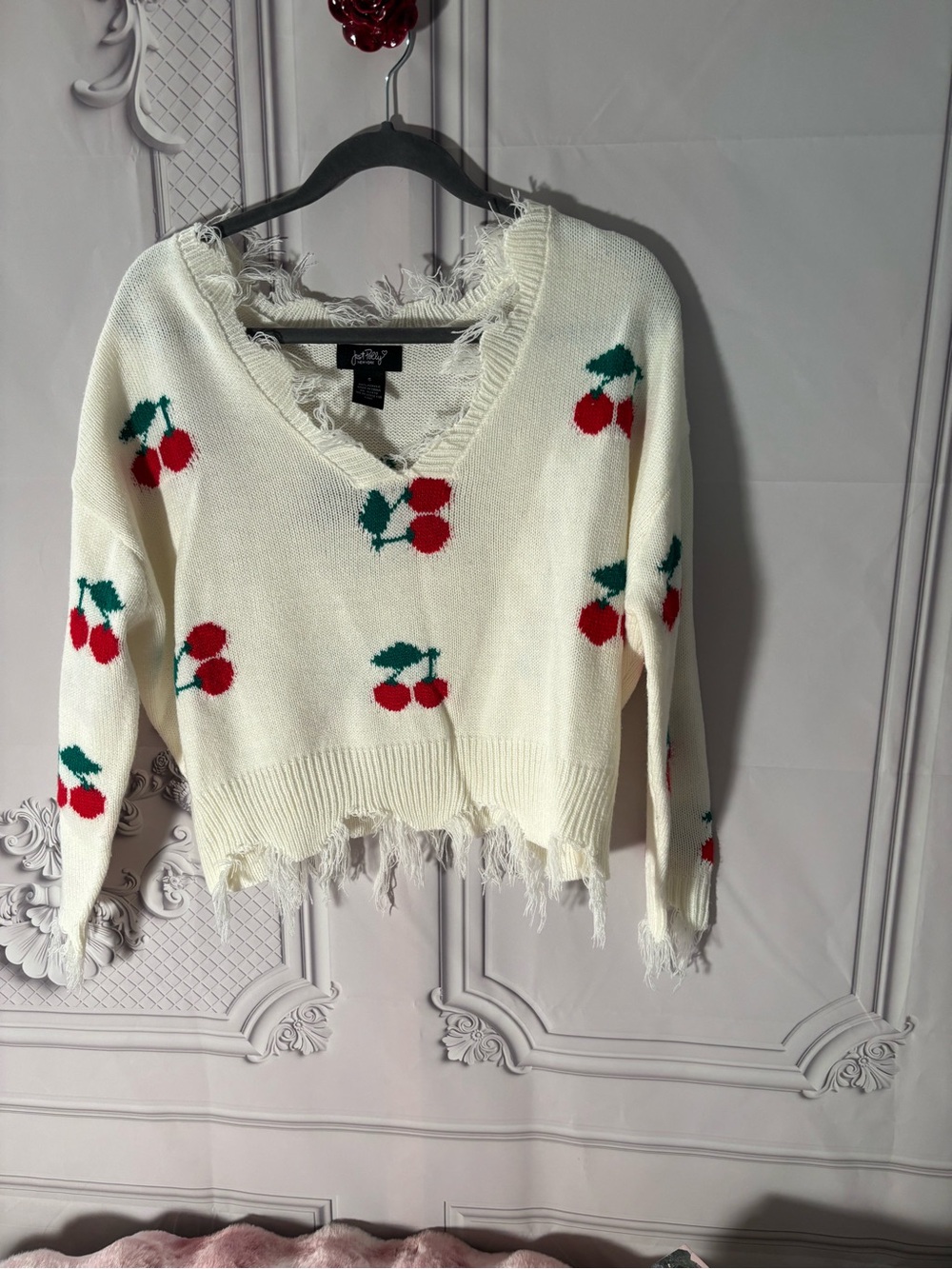 Just Polly Cream Oversized Cherry Pattern Distressed V-Neck Sweater-Size Small